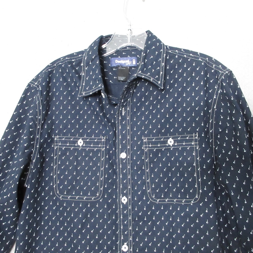 Desigual Why Shirt Men Medium‎ Question Mark Blue Button Up Unique Made in Spain
